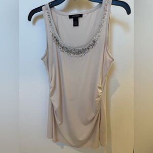 White House Black Market Cream Beaded Scoop Neck Tank